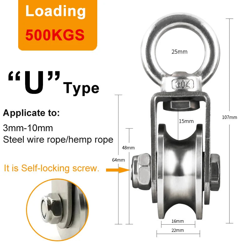 U/V Type Swivel Pulley 304 Stainless Steel Duplex Bearing Super-Silent Detachable Rotation Pulley System Gym Traction Wheel