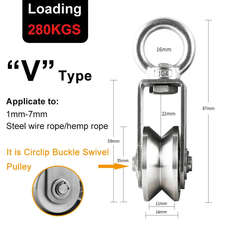 U/V Type Swivel Pulley 304 Stainless Steel Duplex Bearing Super-Silent Detachable Rotation Pulley System Gym Traction Wheel