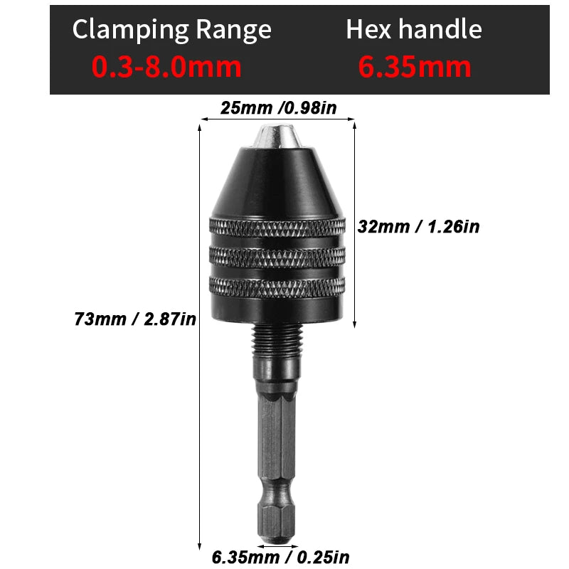 JENTORIX 0.3mm-8.0mm Mini Keyless Chuck Electric Drill Bit Collet Converter Extension Screwdriver Chuck Adapter Fixture 1/4" Hex