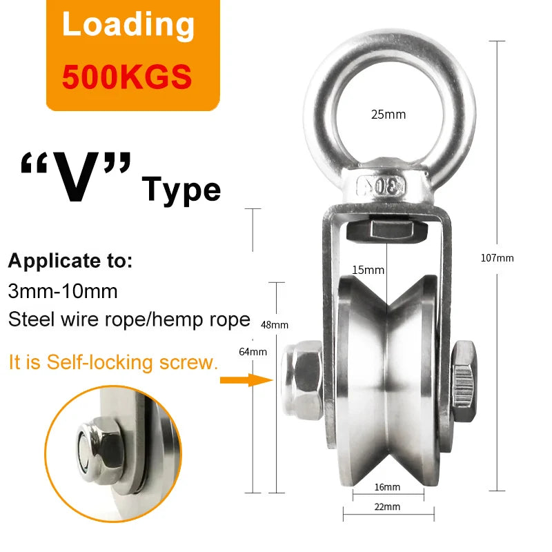 U/V Type Swivel Pulley 304 Stainless Steel Duplex Bearing Super-Silent Detachable Rotation Pulley System Gym Traction Wheel