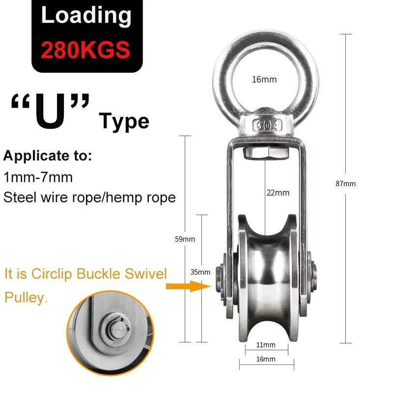 U/V Type Swivel Pulley 304 Stainless Steel Duplex Bearing Super-Silent Detachable Rotation Pulley System Gym Traction Wheel