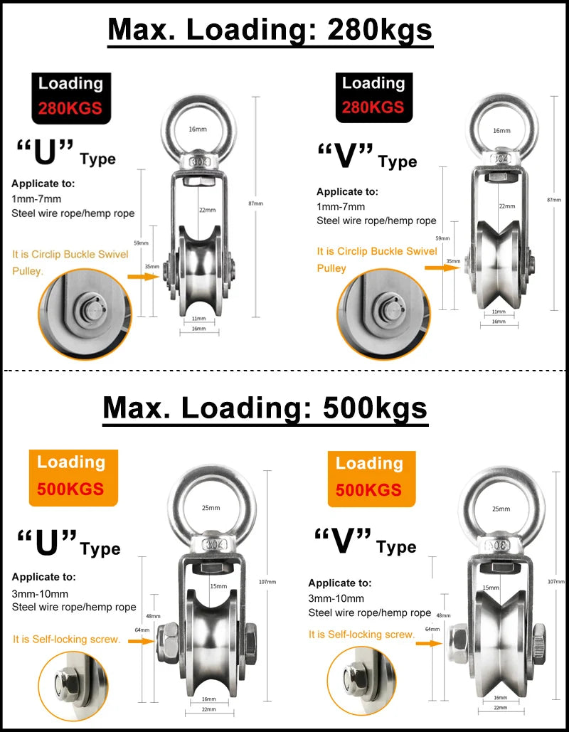 U/V Type Swivel Pulley 304 Stainless Steel Duplex Bearing Super-Silent Detachable Rotation Pulley System Gym Traction Wheel